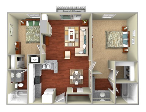 Floor plan for 2 beds, 2 baths, 1035 sqft
